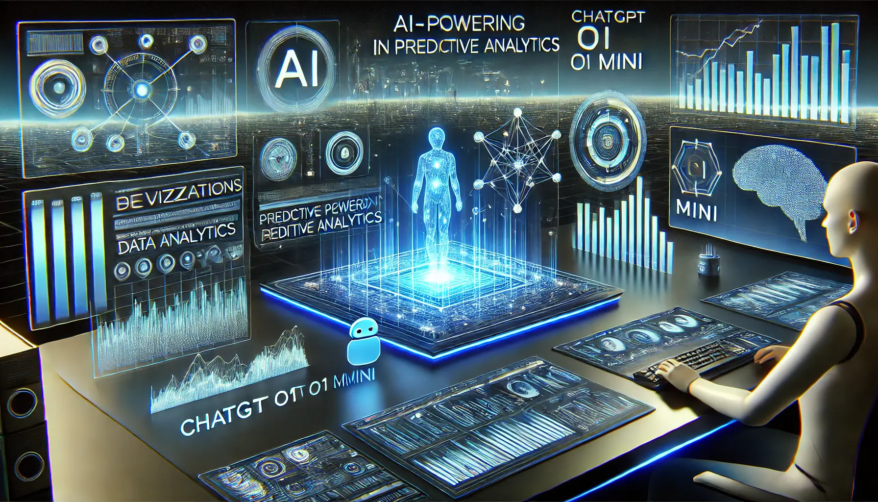 A high-tech digital interface displaying AI-driven data analytics, predictive graphs, and glowing neural networks in a futuristic setting.