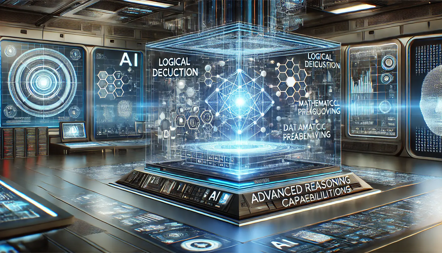 A high-tech AI environment with multiple holographic displays illustrating logical deduction, mathematical problem-solving, and AI-driven decision-making processes.