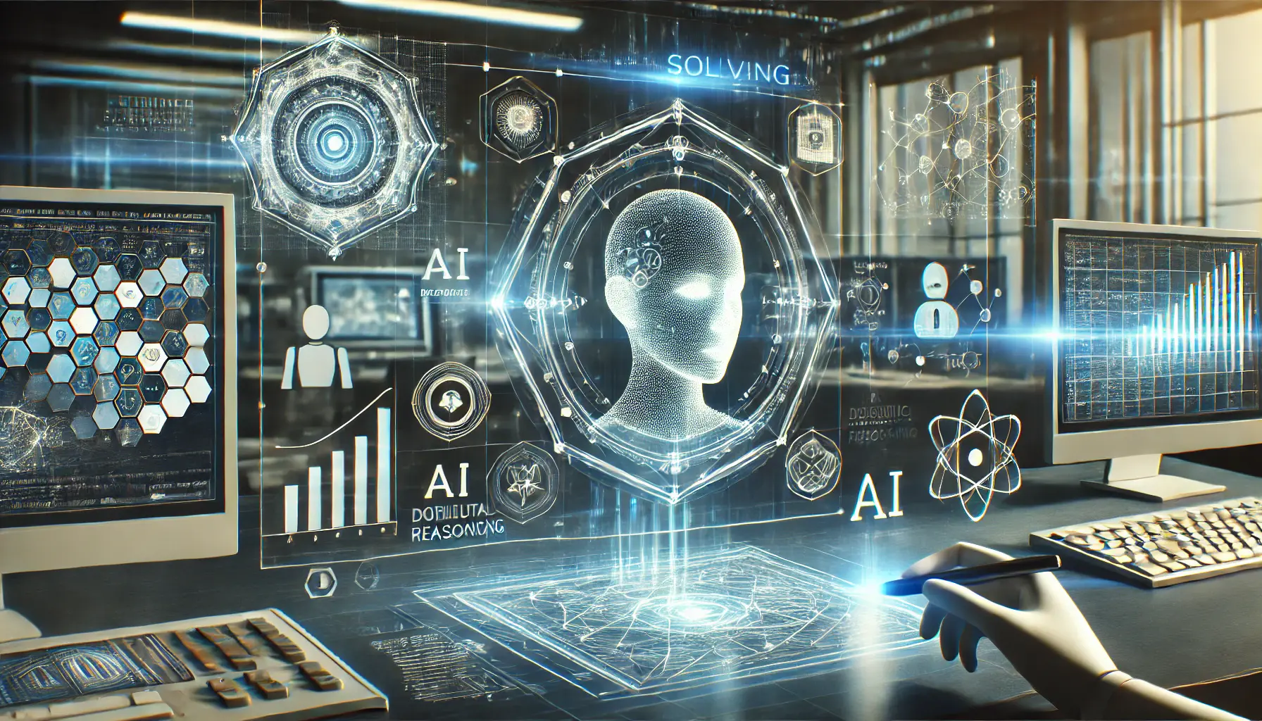 A futuristic AI-powered problem-solving interface with holographic data nodes, graphs, and a digital assistant analyzing complex equations in a high-tech control room.