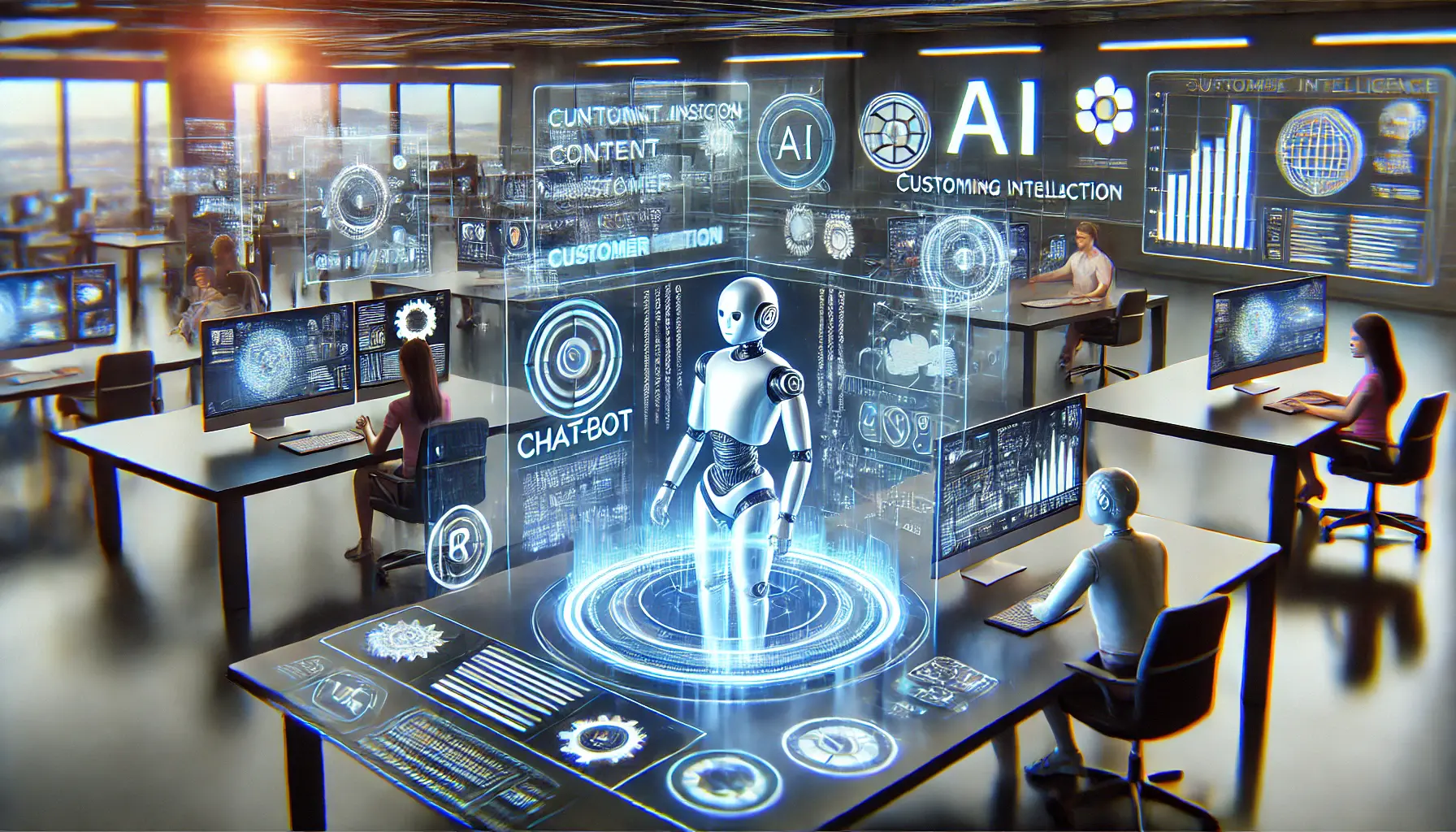 A high-tech digital workspace with AI-driven tools generating content, responding to customer queries, and personalizing user experiences, with holographic displays of text, images, and chatbot interactions.