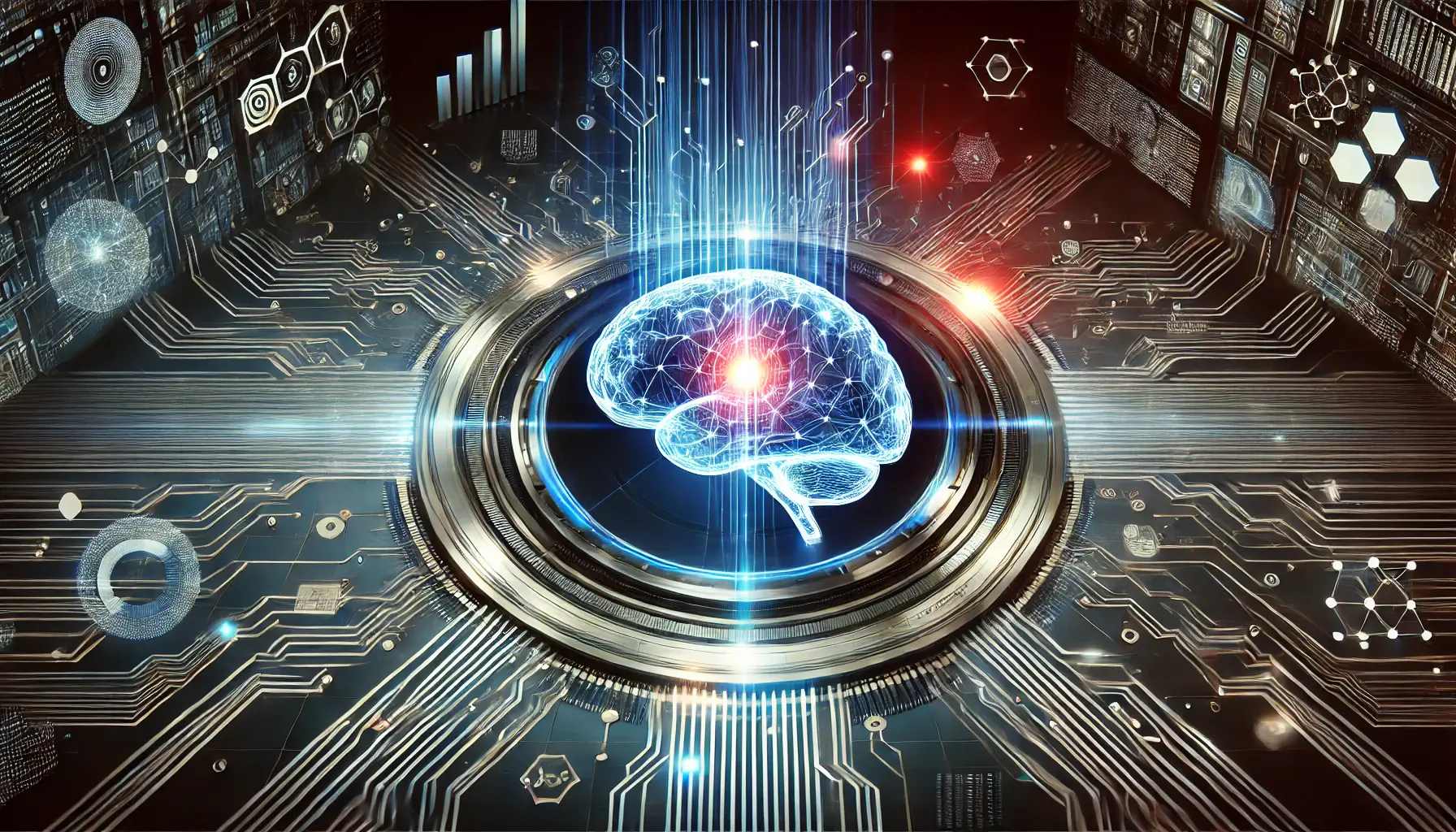 A high-tech AI system featuring a glowing digital brain surrounded by data streams and neural connections, symbolizing artificial intelligence processing.