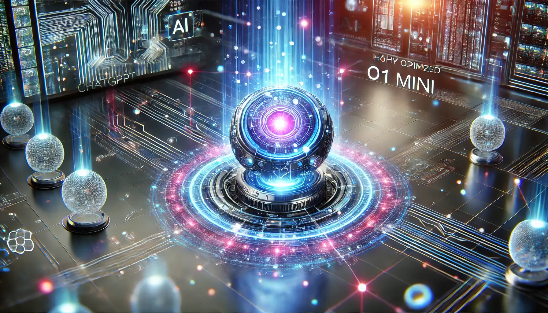 A sleek and compact AI model visualized with glowing digital nodes and interconnected neural pathways in a futuristic cybernetic environment.