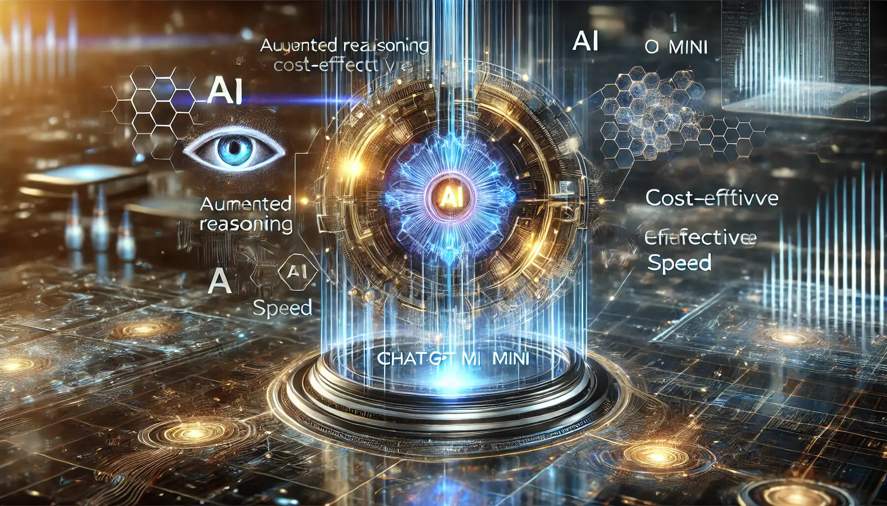 A high-tech AI hologram with glowing data streams representing ChatGPT o1 Mini's capabilities, including augmented reasoning, cost-effectiveness, and speed.