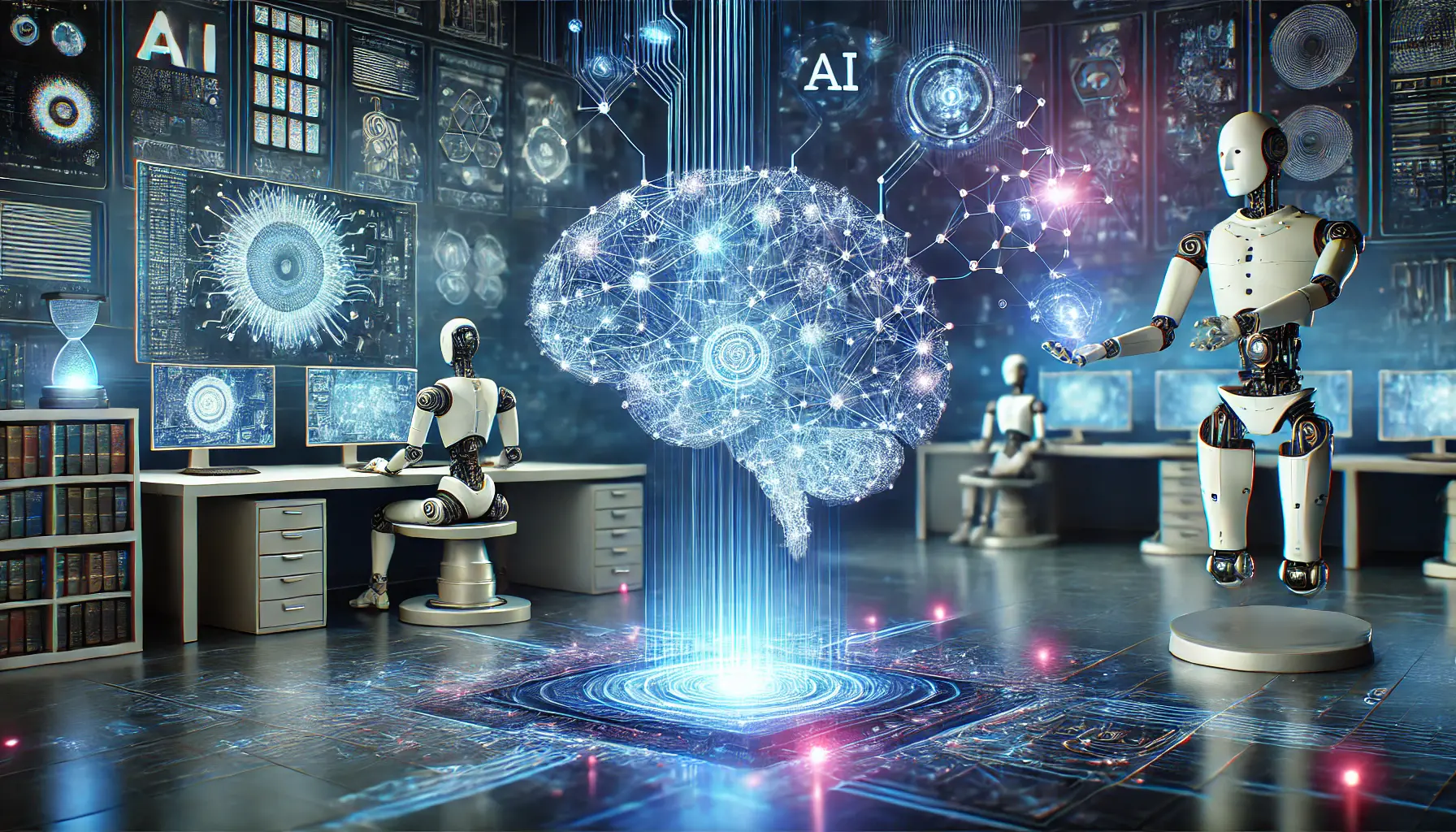 A glowing digital brain with intricate neural connections in a high-tech environment, featuring holographic data streams and robotic arms interacting with AI-driven screens.