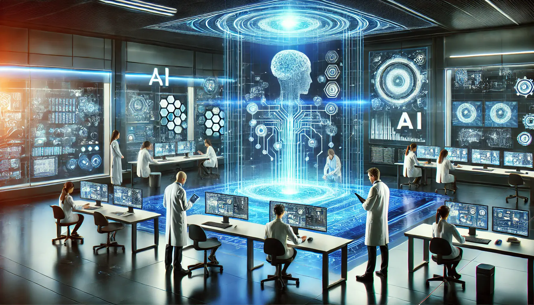 A high-tech AI research lab with holographic displays showcasing artificial intelligence models, surrounded by scientists and engineers analyzing data.