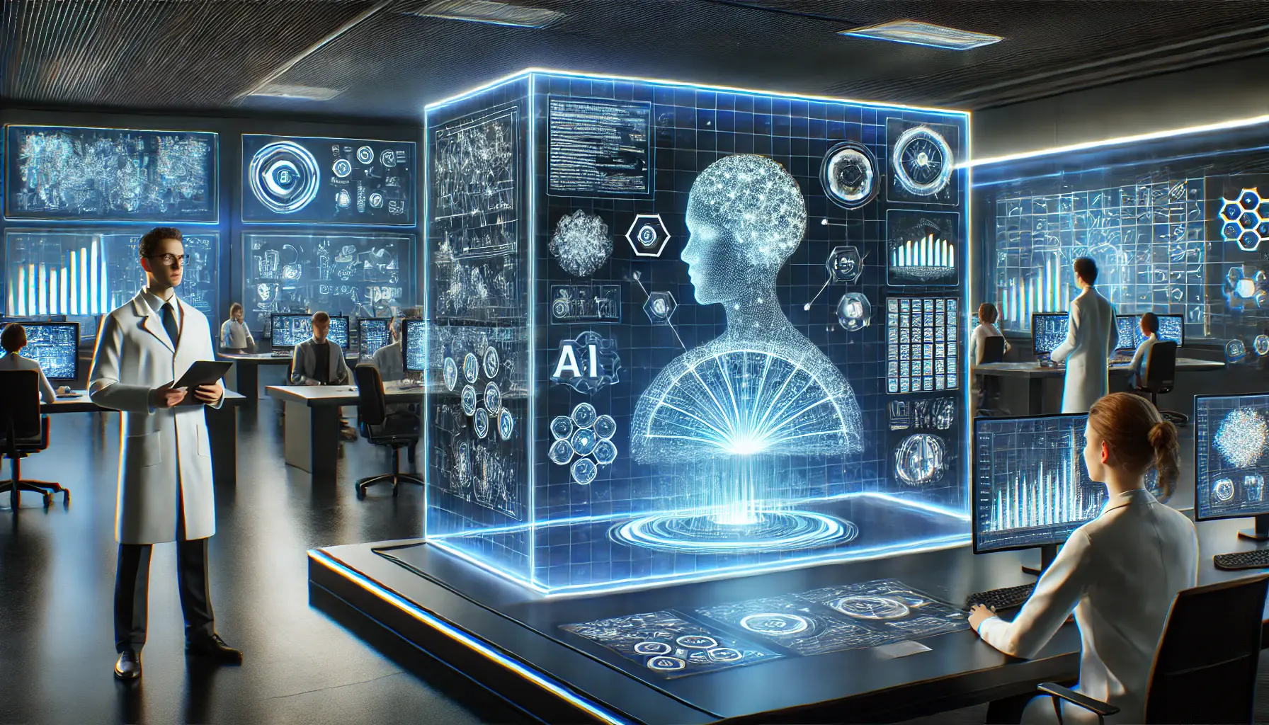 A high-tech AI research lab with scientists analyzing a sophisticated artificial intelligence model represented as a glowing holographic structure. The scene features digital interfaces displaying neural network diagrams and data analytics in a futuristic environment.