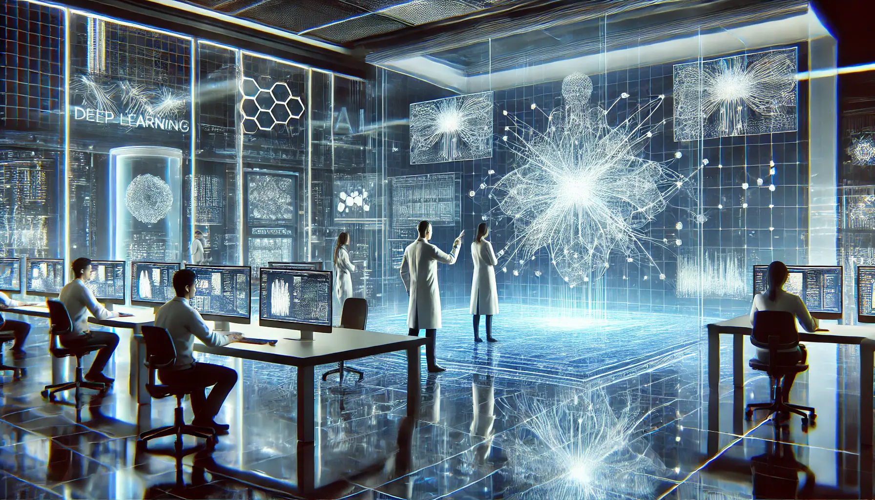 A futuristic AI research lab with quantum computers and holographic deep learning models.