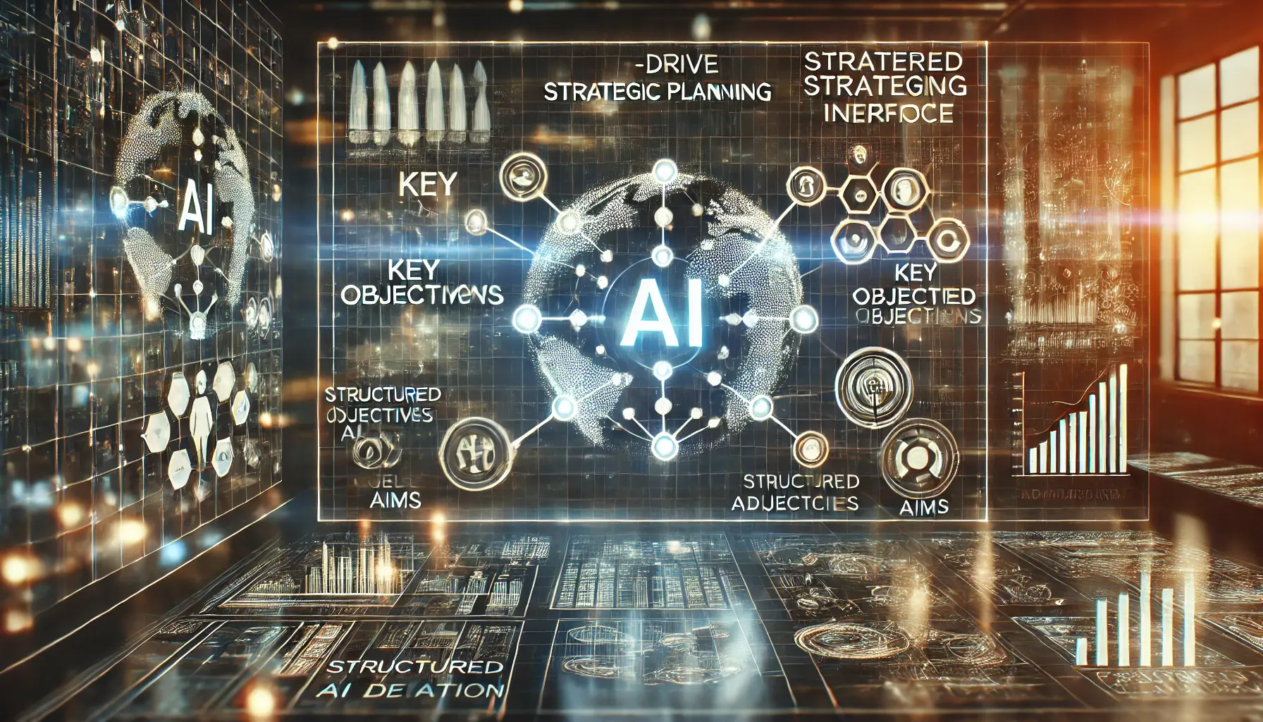 A futuristic AI-driven strategic planning interface with a glowing digital blueprint and interconnected data nodes in a high-tech research environment.