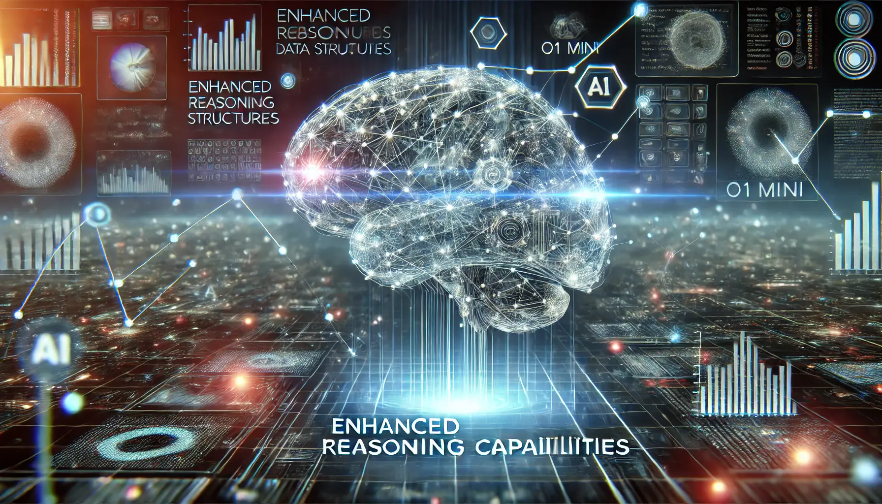 A glowing digital brain analyzing complex data structures with interconnected holographic data flows and neural patterns, symbolizing AI's advanced reasoning capabilities.