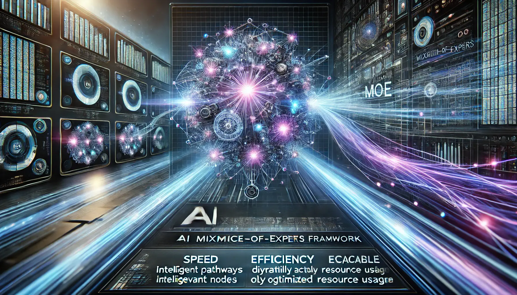 A high-tech digital visualization of an AI processing system using the Mixture-of-Experts (MoE) framework, with glowing neural pathways selectively activating nodes to optimize resource usage.