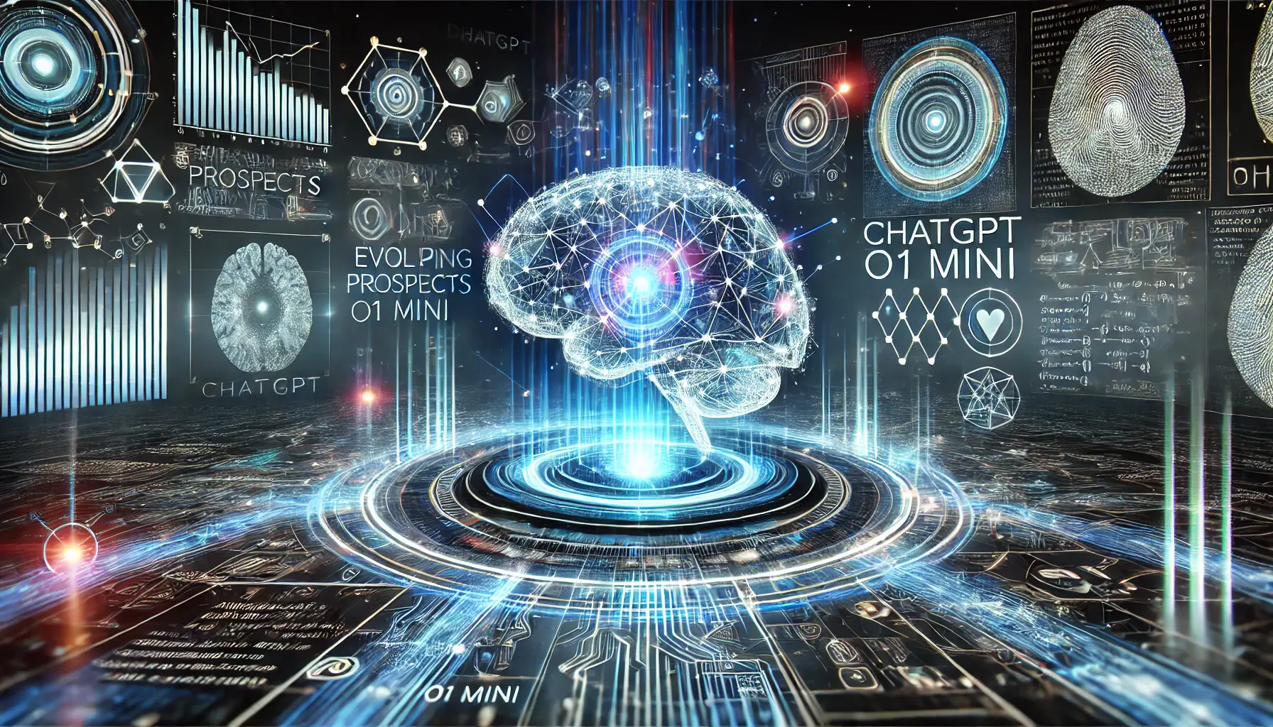 A futuristic AI system symbolizing the future prospects and challenges of ChatGPT o1 mini, with evolving data streams and holographic projections.