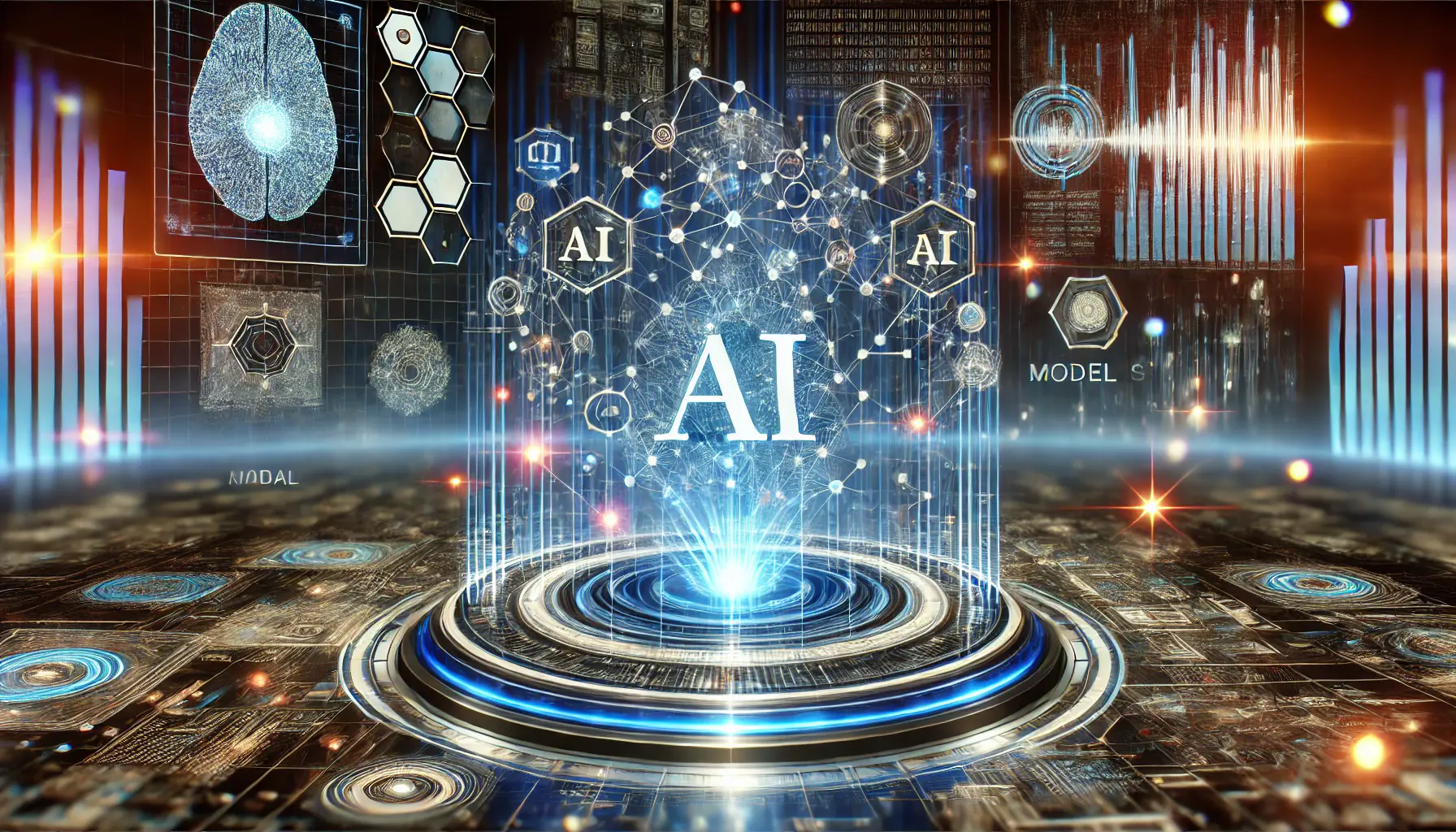 A high-tech AI system representing scalability across various model sizes with glowing connections and data points.