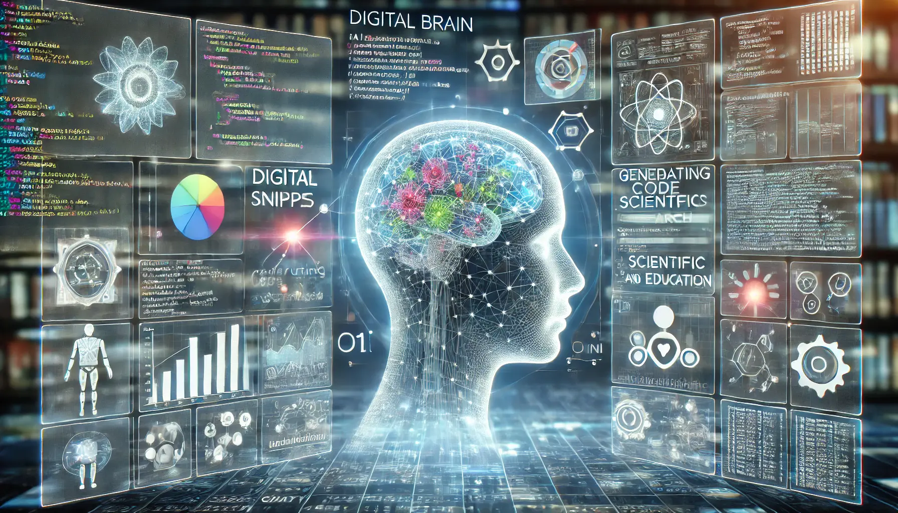 A futuristic AI system being used in coding, scientific research, and education, visualized through a digital brain interacting with holographic data in multiple applications.