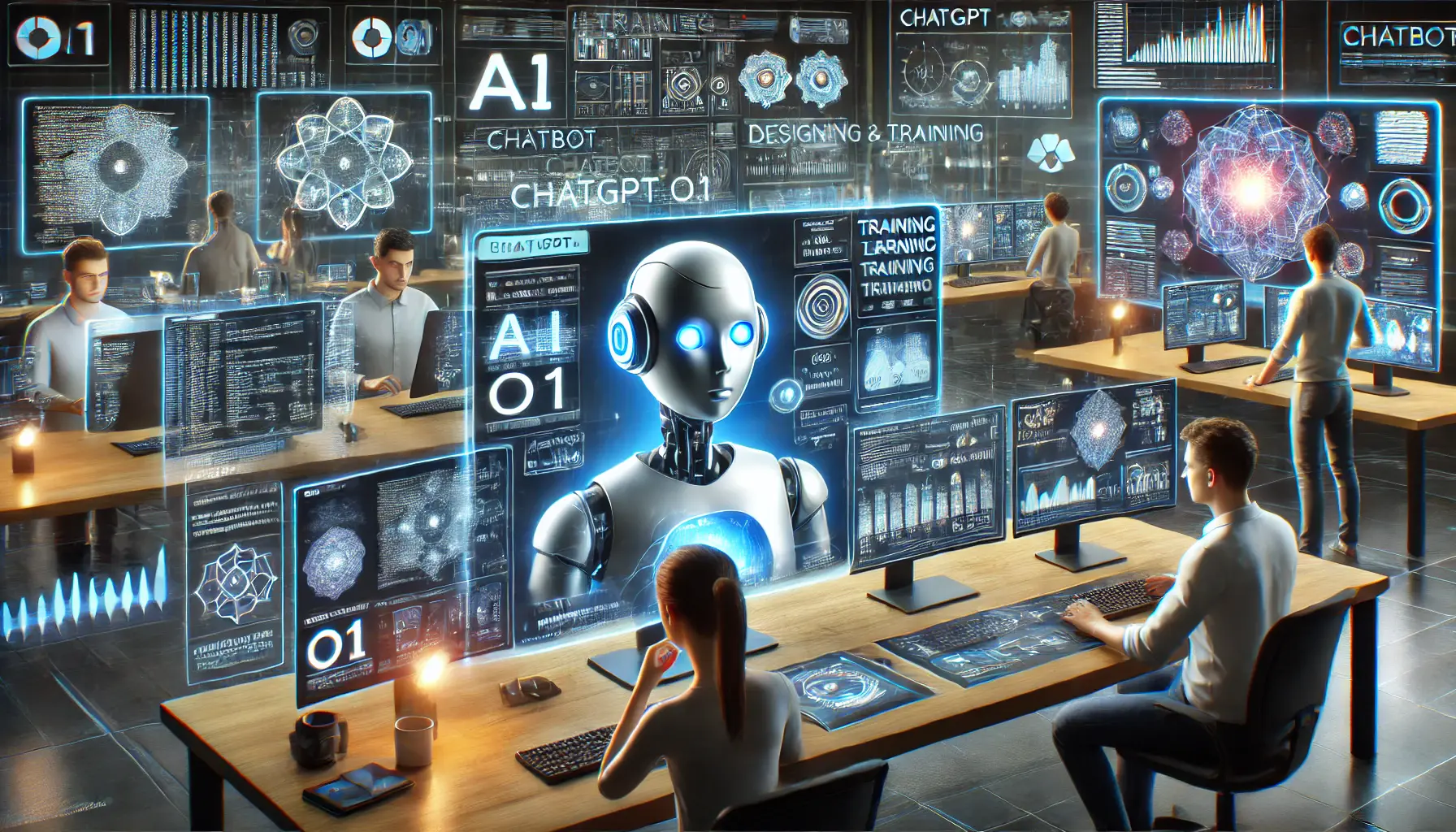 A team of developers designing and training a chatbot using ChatGPT o1 in a futuristic AI training environment. Multiple monitors display configurations, training data, and machine learning models.