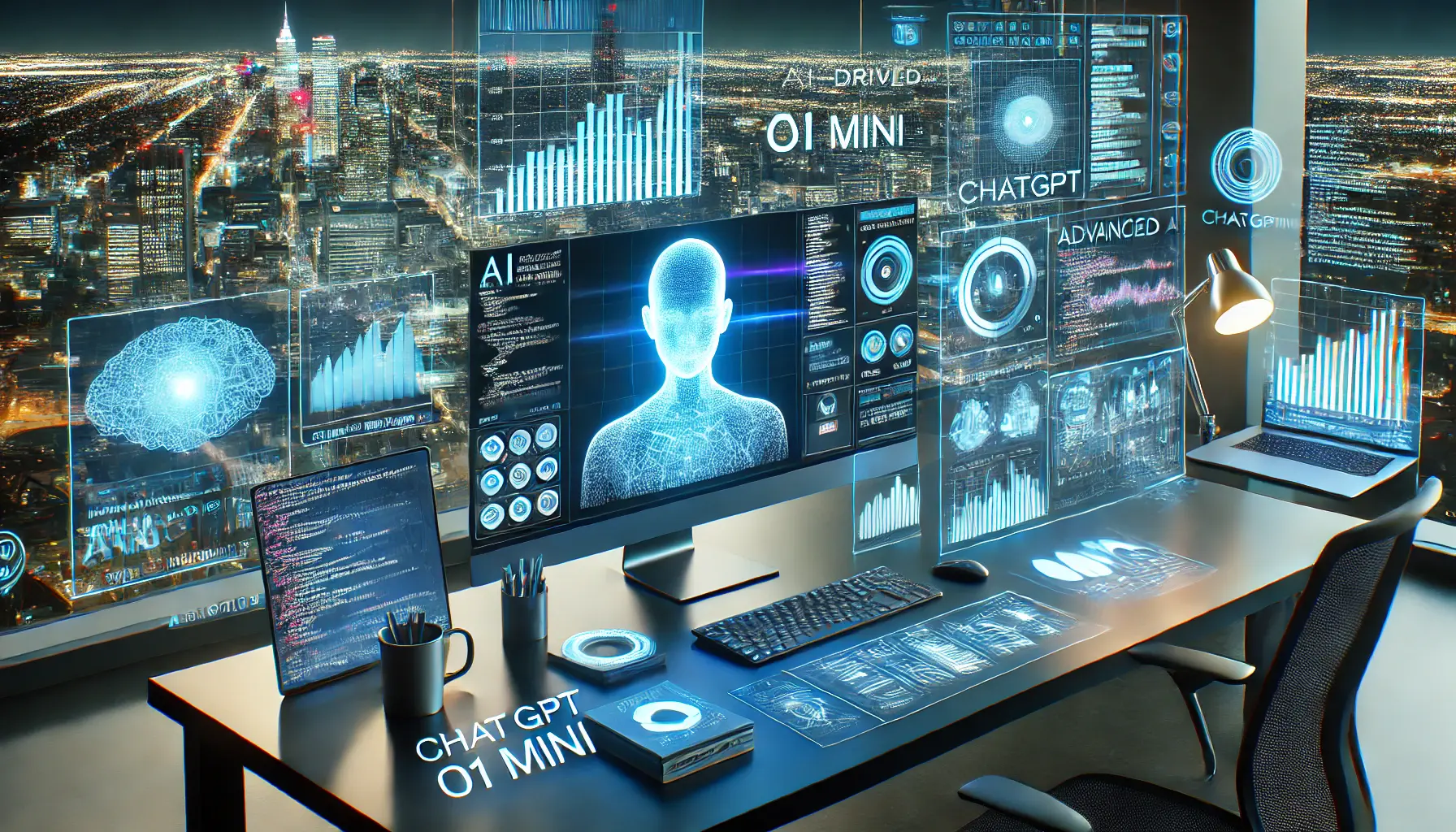 A futuristic AI-powered workspace with multiple screens displaying AI-driven analytics, coding, and research insights, with a digital hologram representing an advanced AI model.