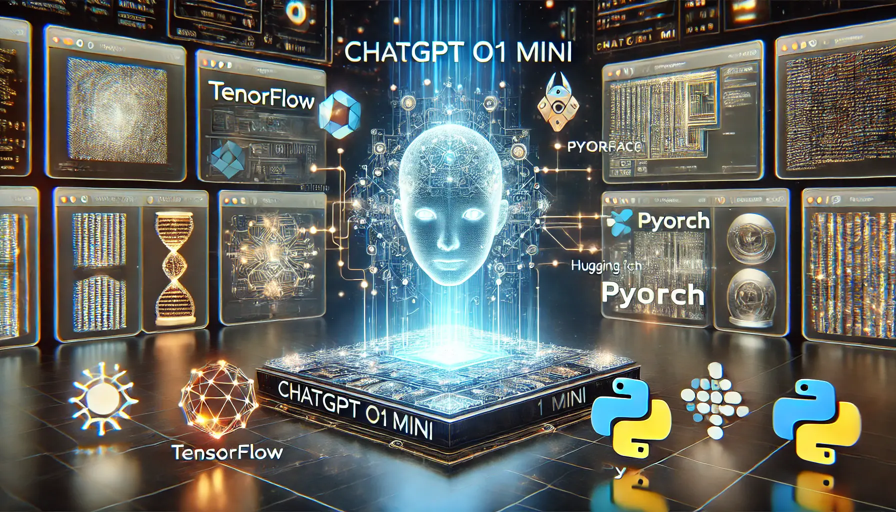 A high-tech workspace showcasing the integration of ChatGPT o1 mini with NLP frameworks like TensorFlow and PyTorch.