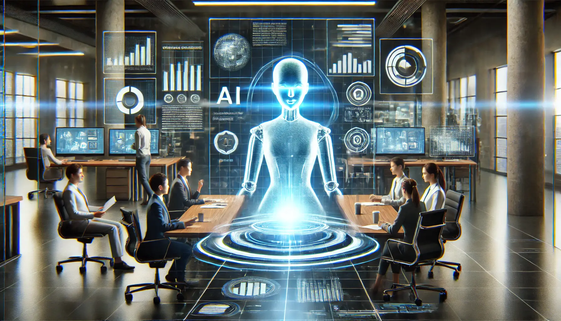 A high-tech business workspace with an AI-powered holographic assistant automating tasks for professionals.