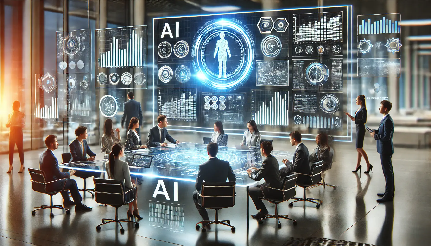 A modern business workspace featuring a sleek AI interface on a large screen, with professionals interacting with data analytics and holographic elements.