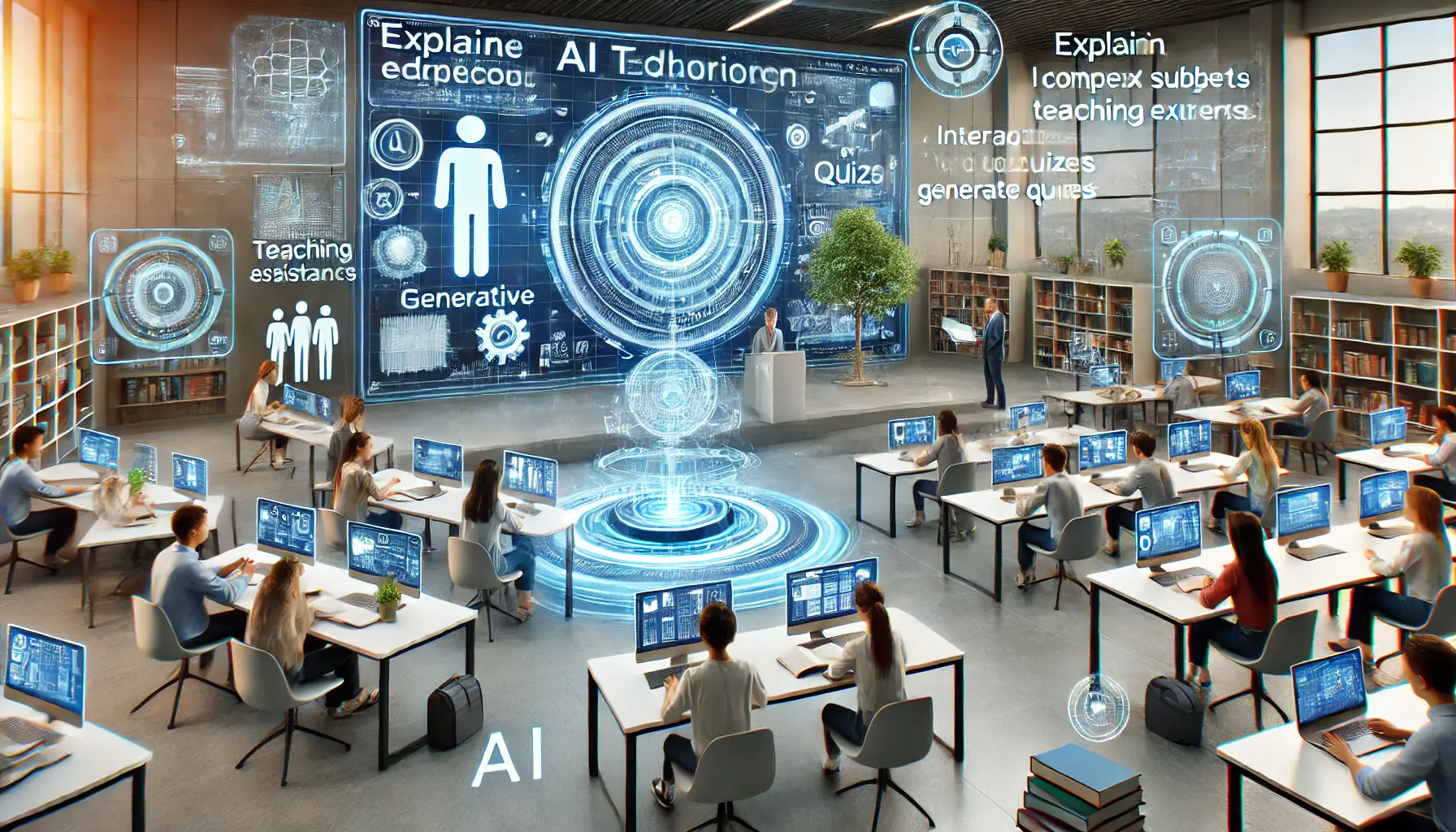 A high-tech classroom with holographic educational tools, AI-powered teaching assistants, and students engaging with digital interfaces.