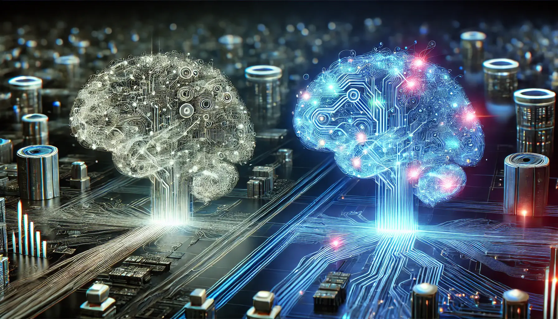 A comparison between two AI models, one basic with fewer connections and simpler pathways, and the other advanced with intricate neural networks and complex data streams.