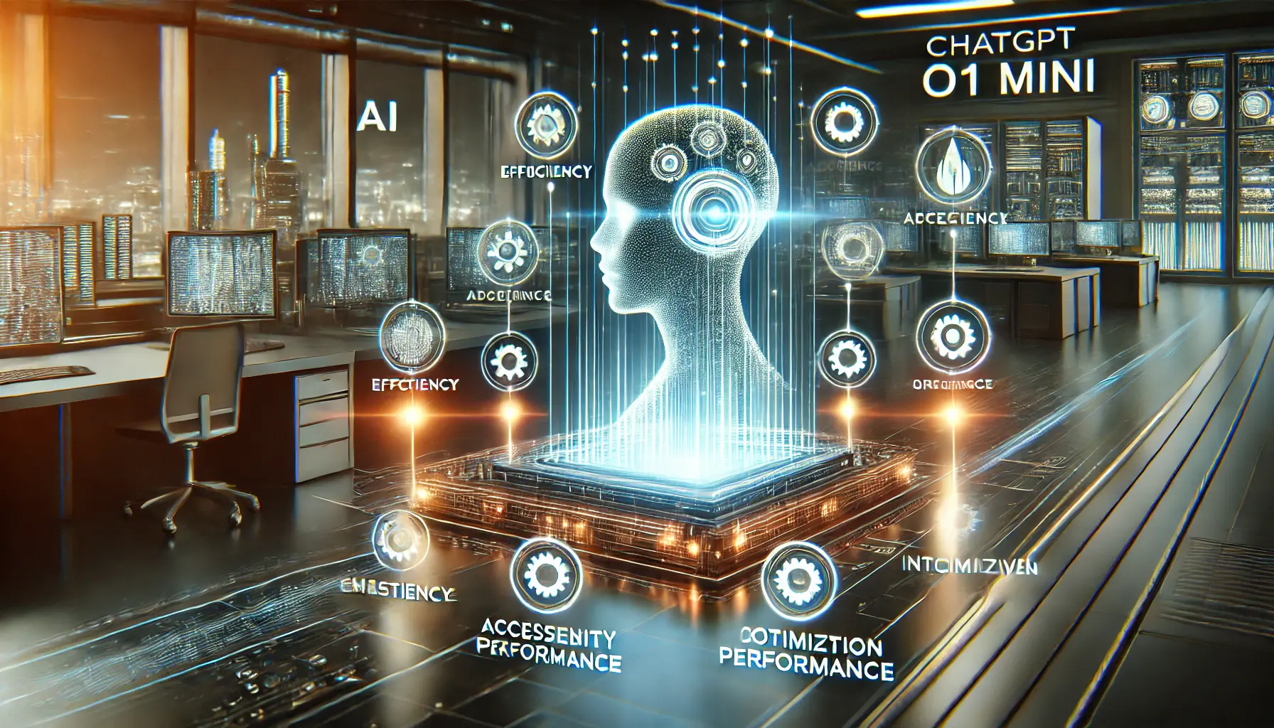 A high-tech digital interface with glowing data streams and interconnected AI nodes, symbolizing efficiency, accessibility, and cost-effectiveness.