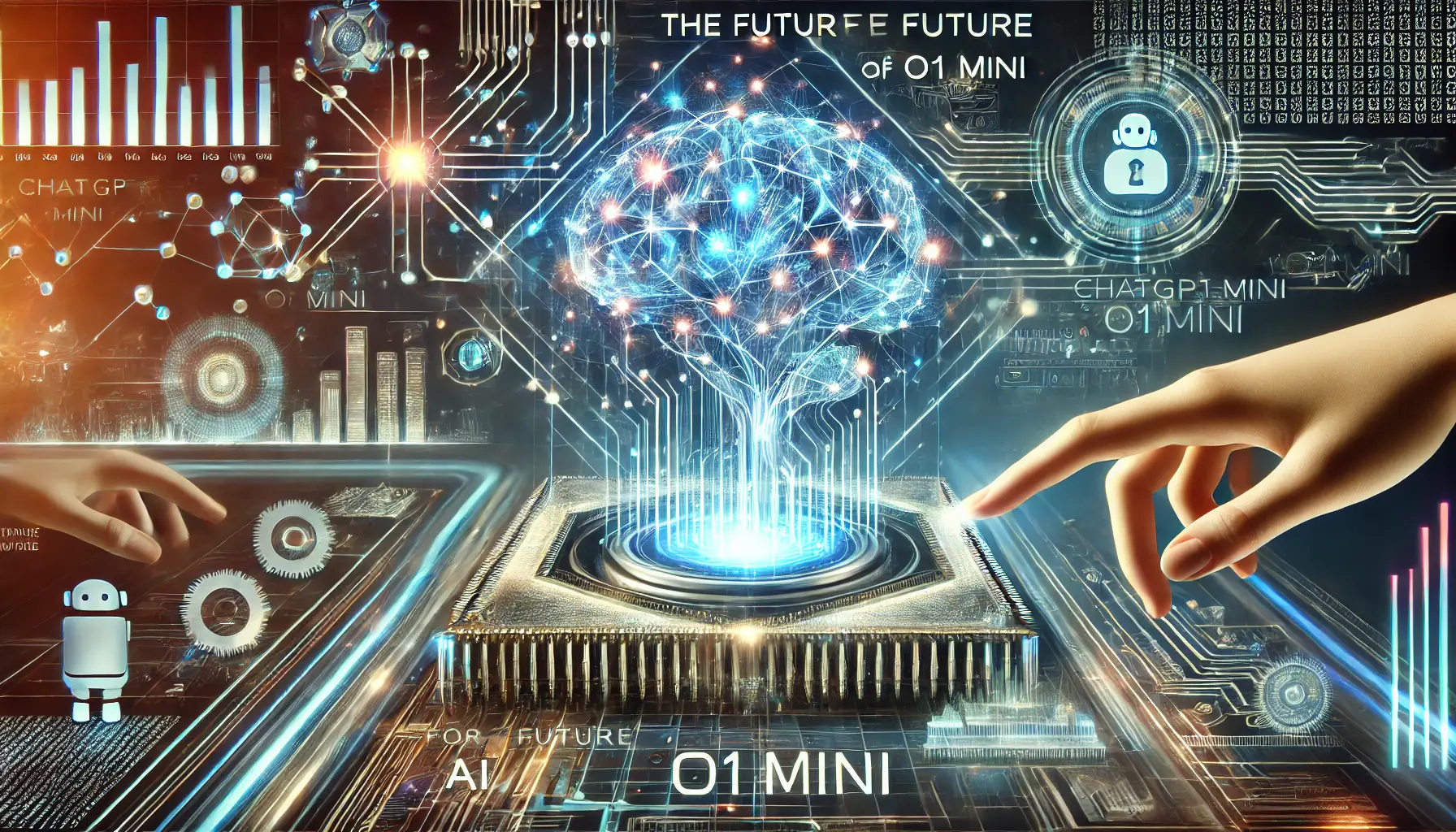 A futuristic concept image representing the future of ChatGPT o1 mini with glowing neural networks and holographic interfaces symbolizing continuous growth and improvement.