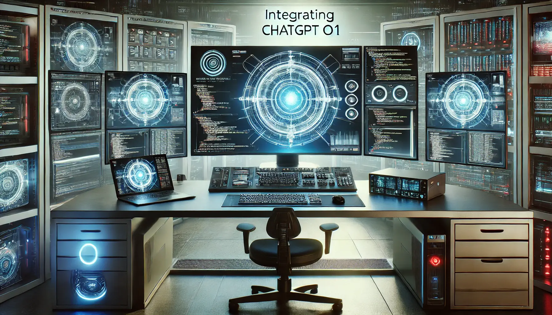 A high-tech developer workspace with multiple monitors displaying AI model configurations, code scripts, and system requirements, set in a sleek, modern environment optimized for AI development.