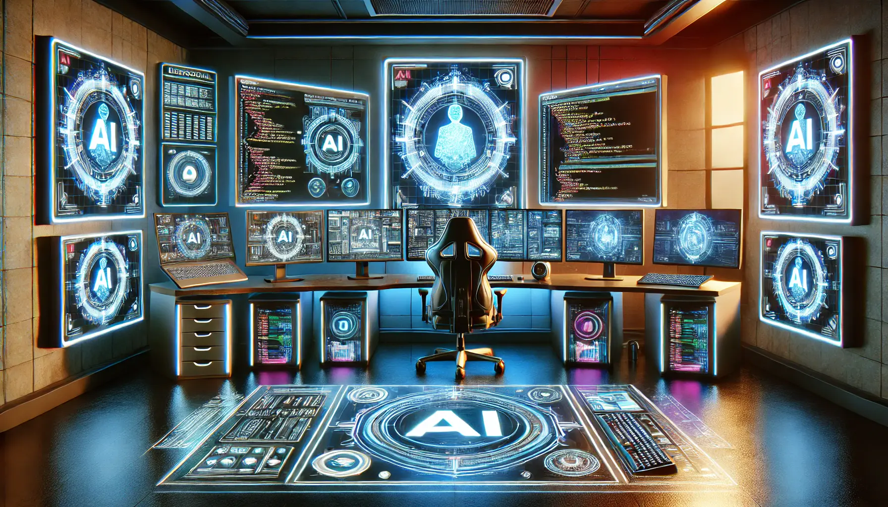 A high-tech developer workspace with multiple monitors displaying AI models, coding interfaces, and system configurations in a neon-lit futuristic setting.