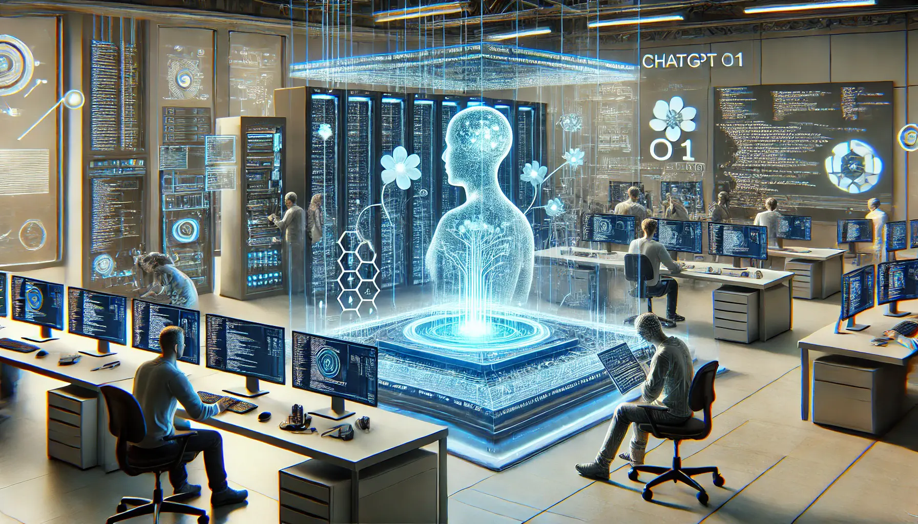 A futuristic development environment where engineers configure tools and test software frameworks for ChatGPT o1 integration, featuring holographic displays and advanced workstations.