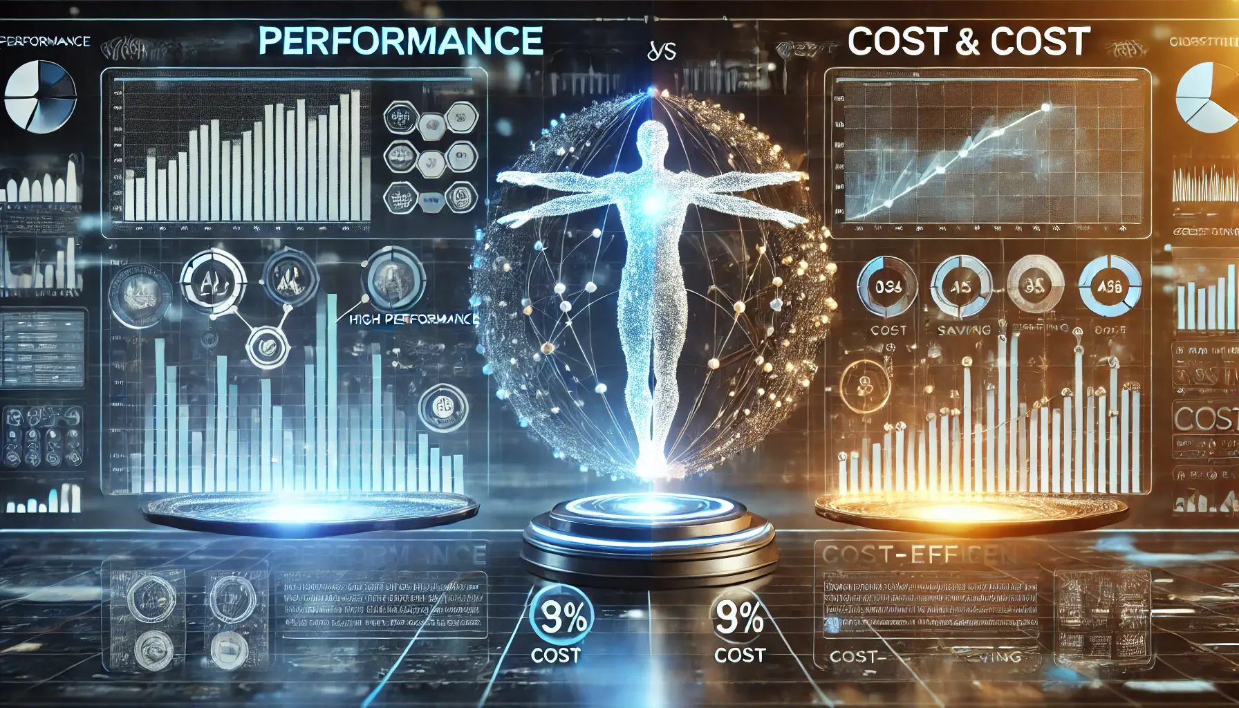 A digital dashboard with interactive graphs showing a balance between performance and cost, with a glowing AI model at the center.