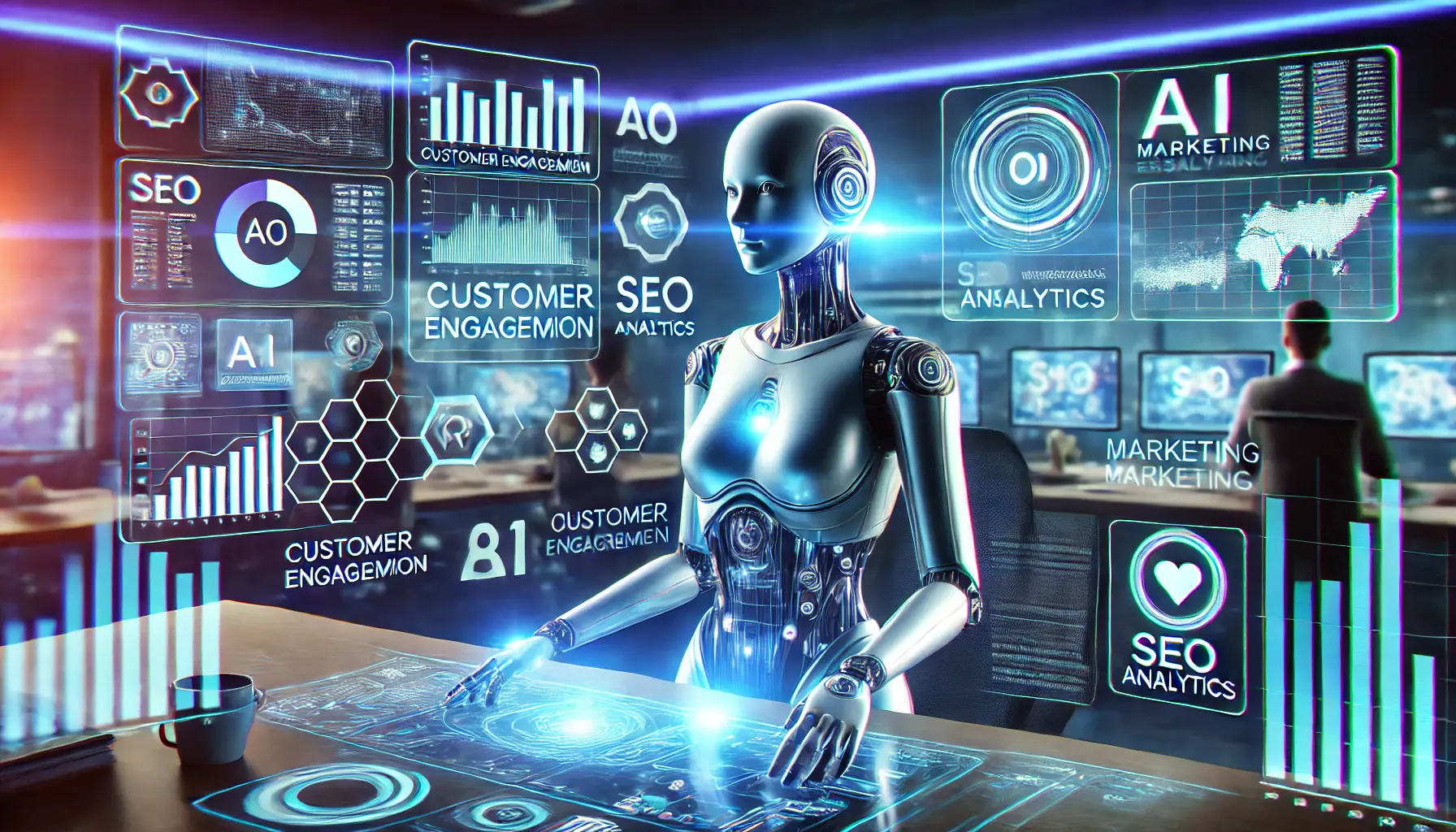 A futuristic AI-powered assistant analyzing digital marketing data on a holographic screen in a high-tech office.