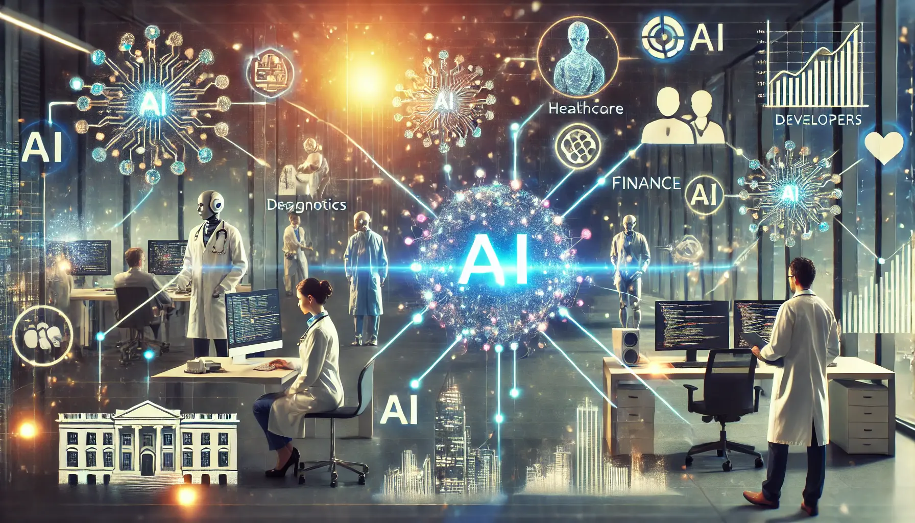 A digital scene showing AI being used in healthcare, tech, finance, and education, with glowing data streams connecting the industries.