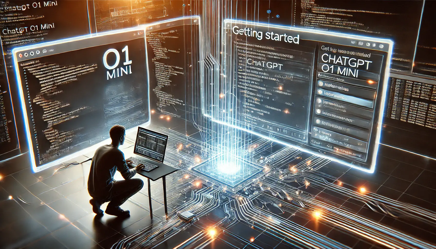 A high-tech digital workspace showing the process of setting up ChatGPT o1 mini with API credentials and libraries.