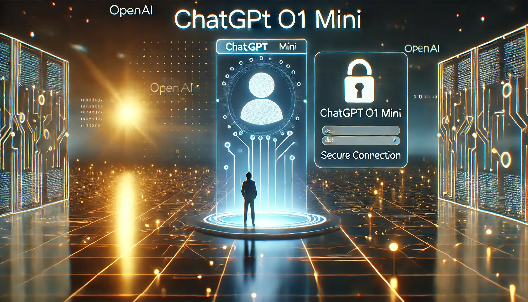 A high-tech digital workspace displaying the process of accessing ChatGPT o1 mini with a secure connection symbol.