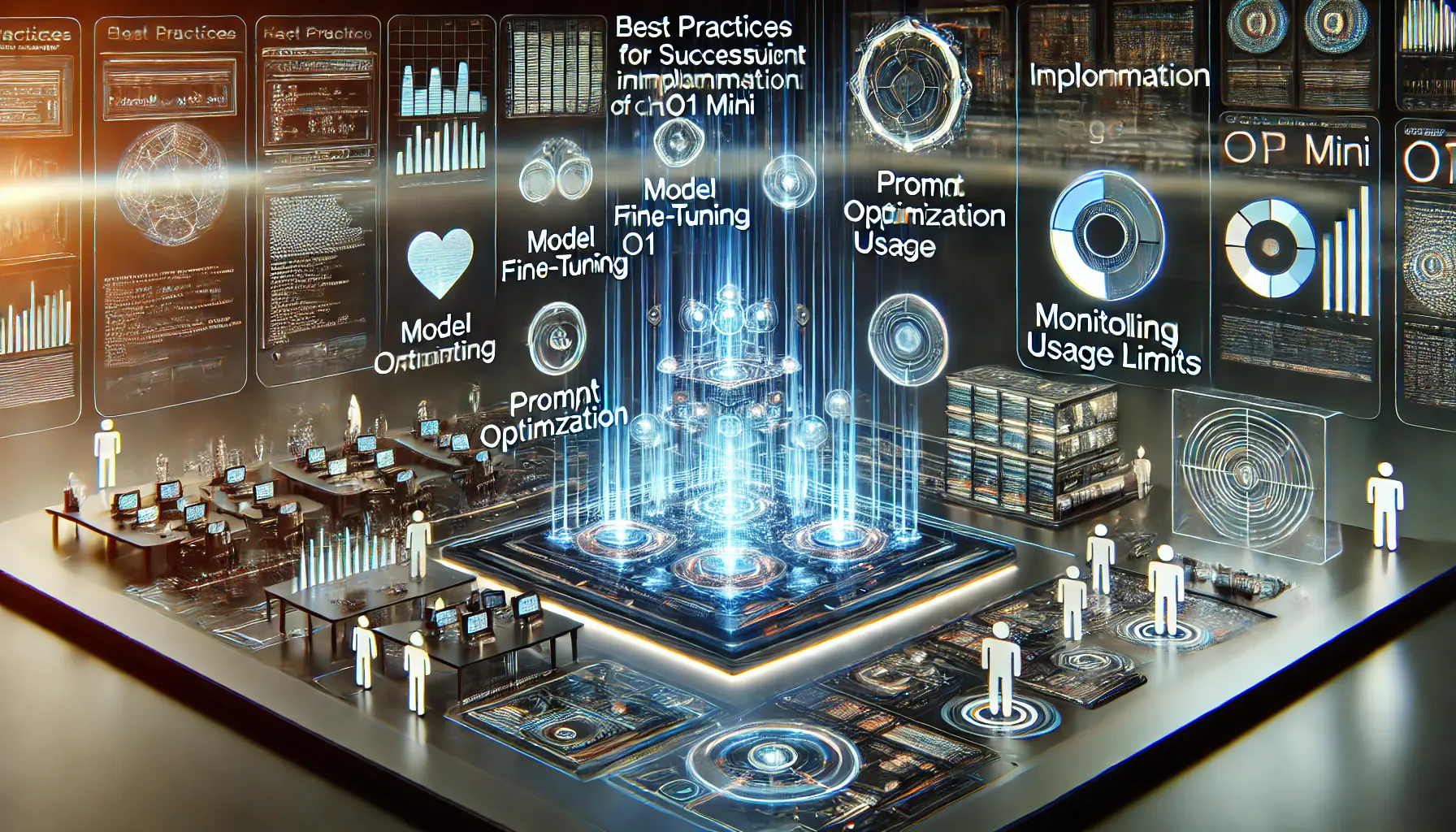 A high-tech digital workspace showing best practices for the successful implementation of ChatGPT o1 mini.