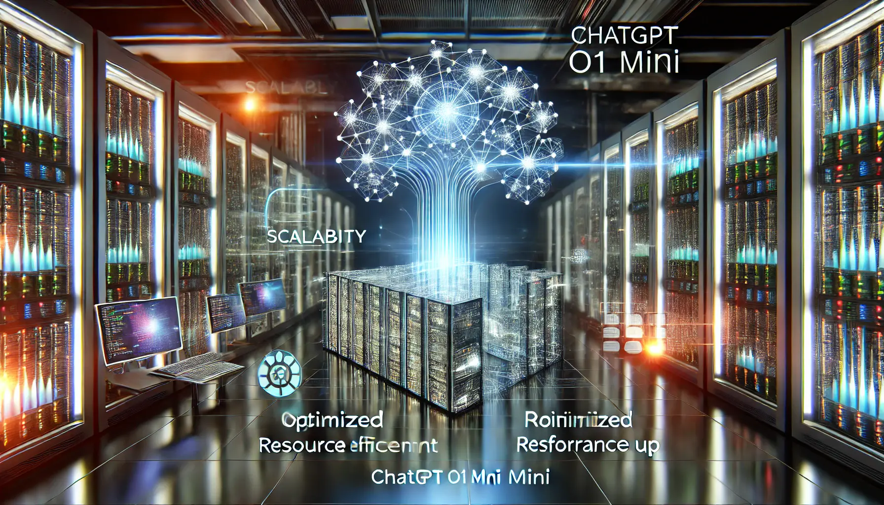 A high-tech digital workspace representing the scalability and efficiency of AI models.