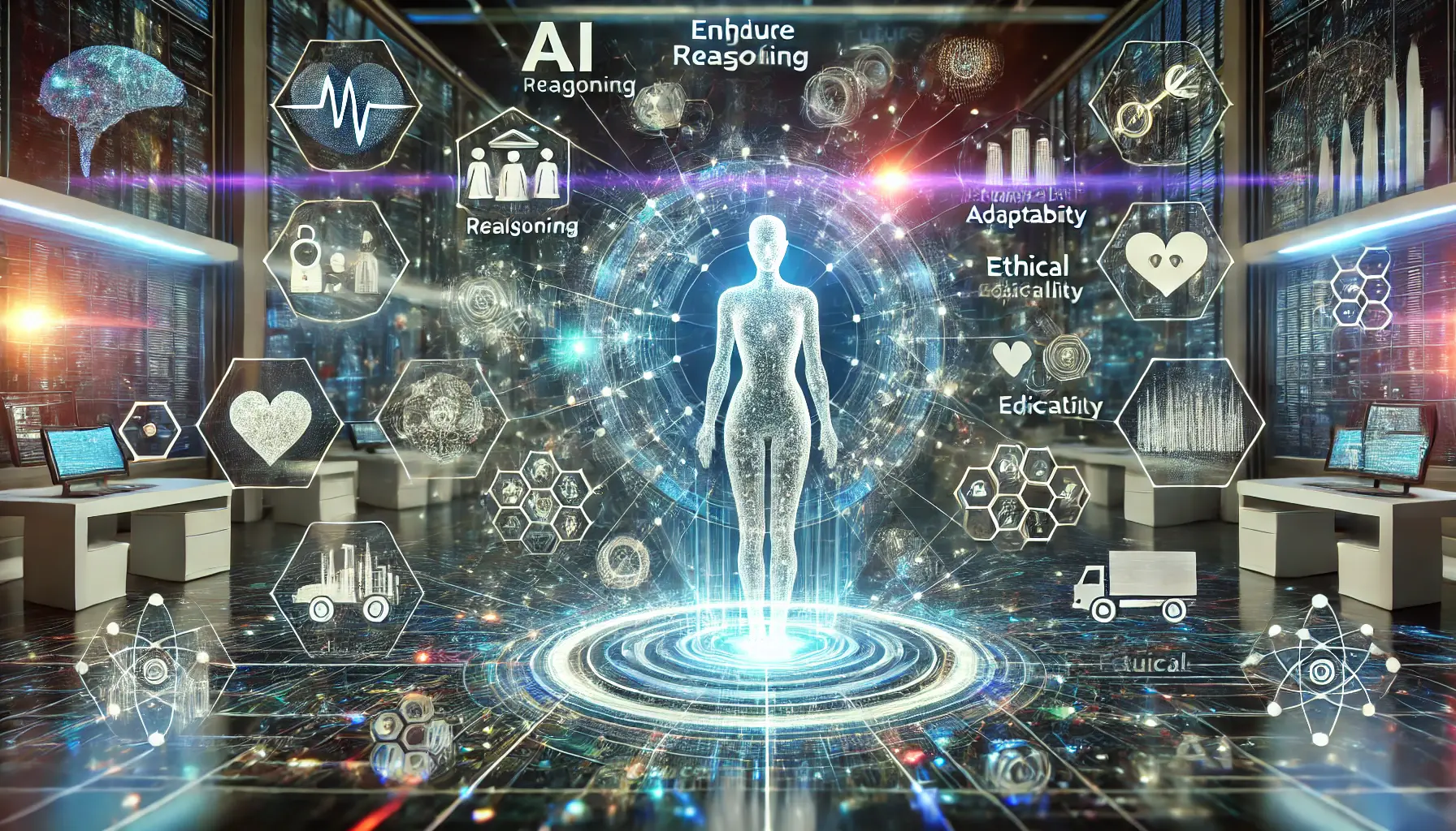 An advanced AI model surrounded by expanding neural networks and holographic projections of future AI applications in healthcare, finance, and education.