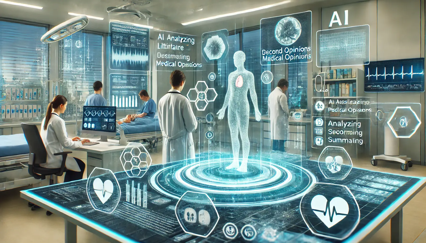 A high-tech medical workspace with healthcare professionals interacting with AI tools for patient data analysis, diagnostic results, and medical recommendations.