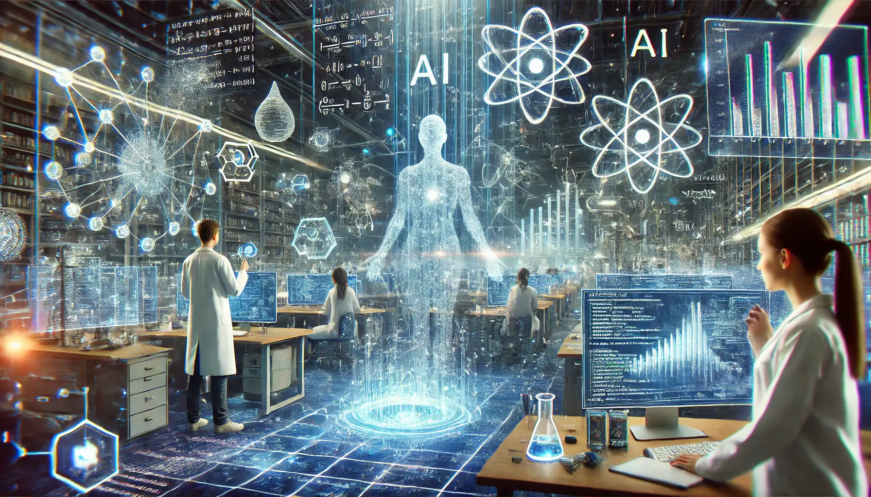 A dynamic, futuristic laboratory with researchers working on scientific problems, with holographic displays of equations, coding, and scientific data.