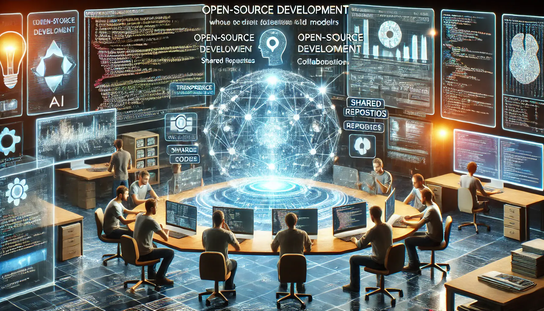 A high-tech open-source development environment with holographic displays of code, shared repositories, and developers collaborating on AI models.