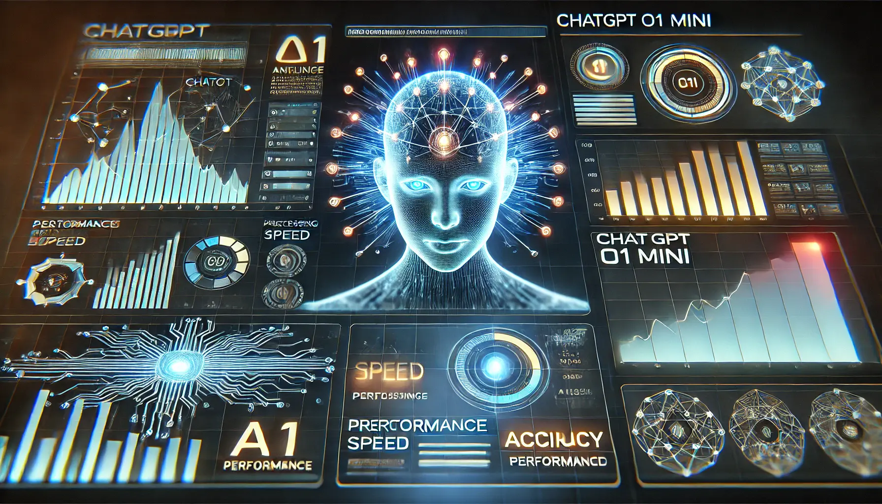 A high-tech performance dashboard showcasing ChatGPT o1 mini's processing speed, accuracy, and efficiency.