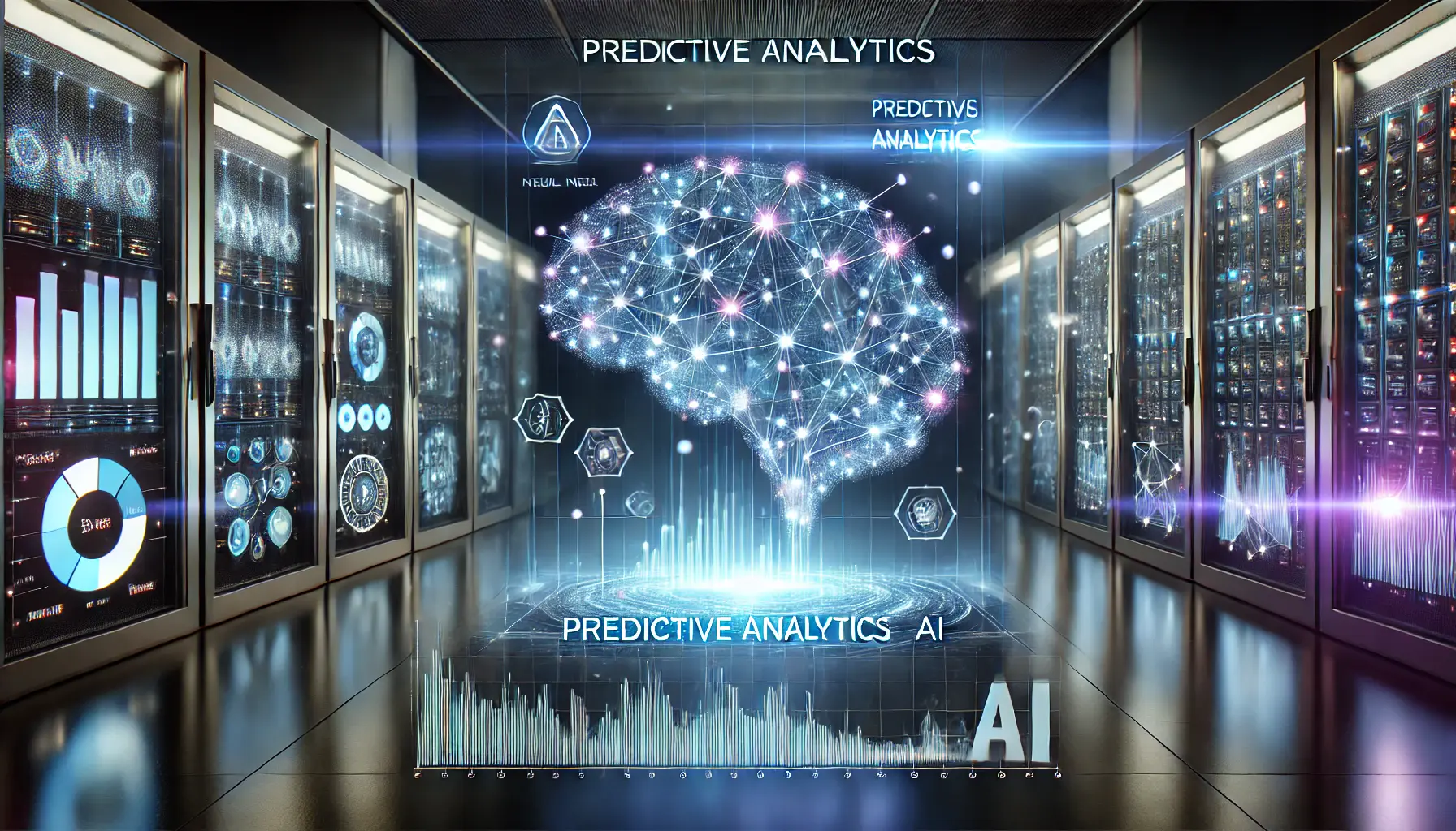 A high-tech digital interface displaying predictive analytics with AI, featuring glowing neural networks, interconnected data points, and dynamic graphs.