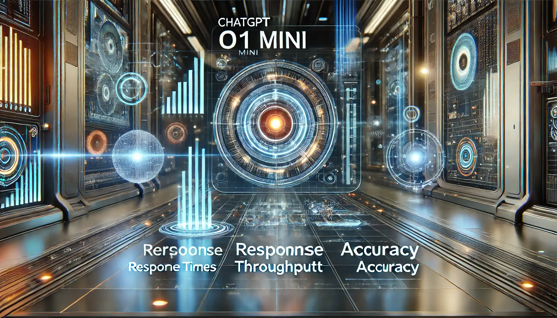 A high-tech dashboard with glowing performance indicators, such as response times, throughput, and accuracy, symbolizing the optimized performance of ChatGPT o1 Mini.