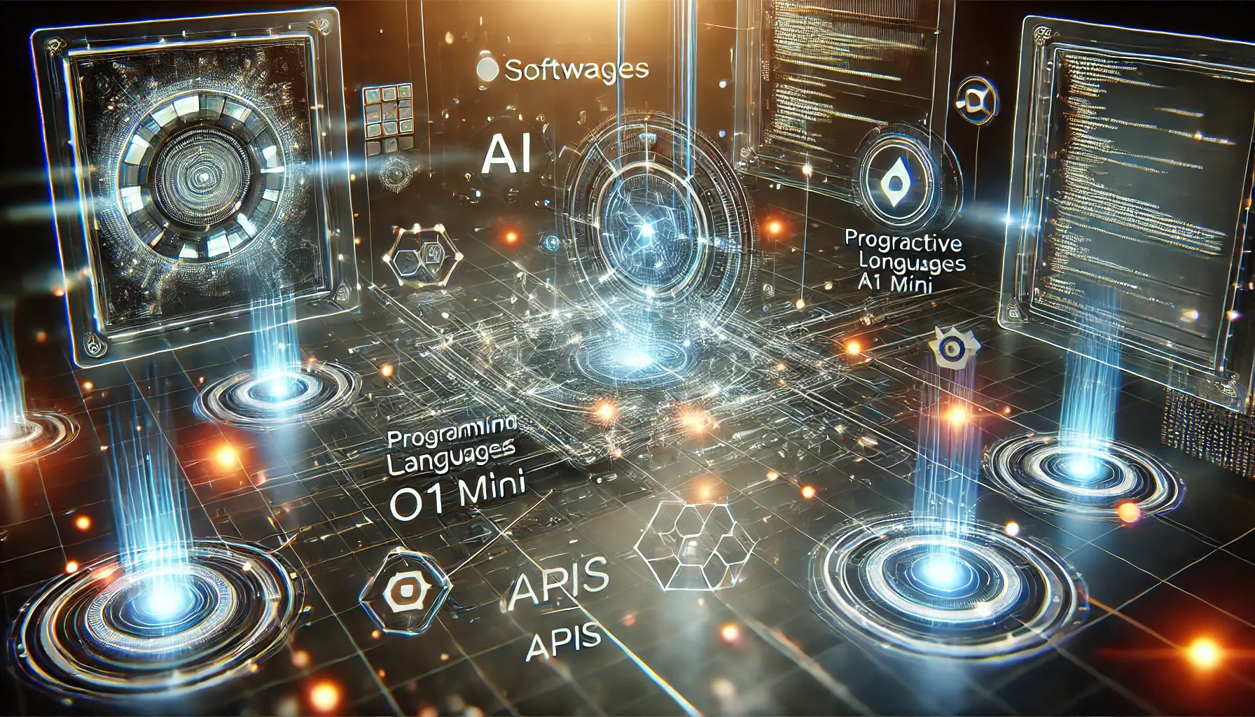 An advanced AI interface with holographic elements, representing the integration of programming languages, APIs, and customization options, with glowing data streams.