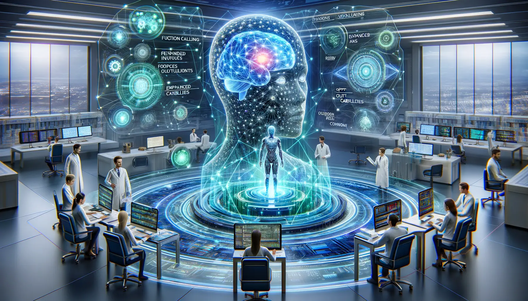 An advanced AI model surrounded by holographic projections of new features like function calling and enhanced cognitive abilities, with researchers interacting with the system.