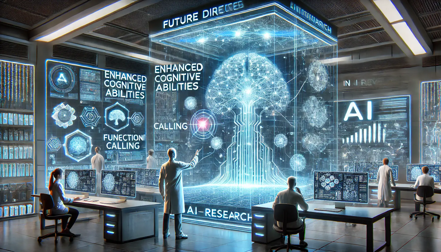 A high-tech research lab with researchers studying a glowing AI model, surrounded by holographic displays of potential AI research pathways.