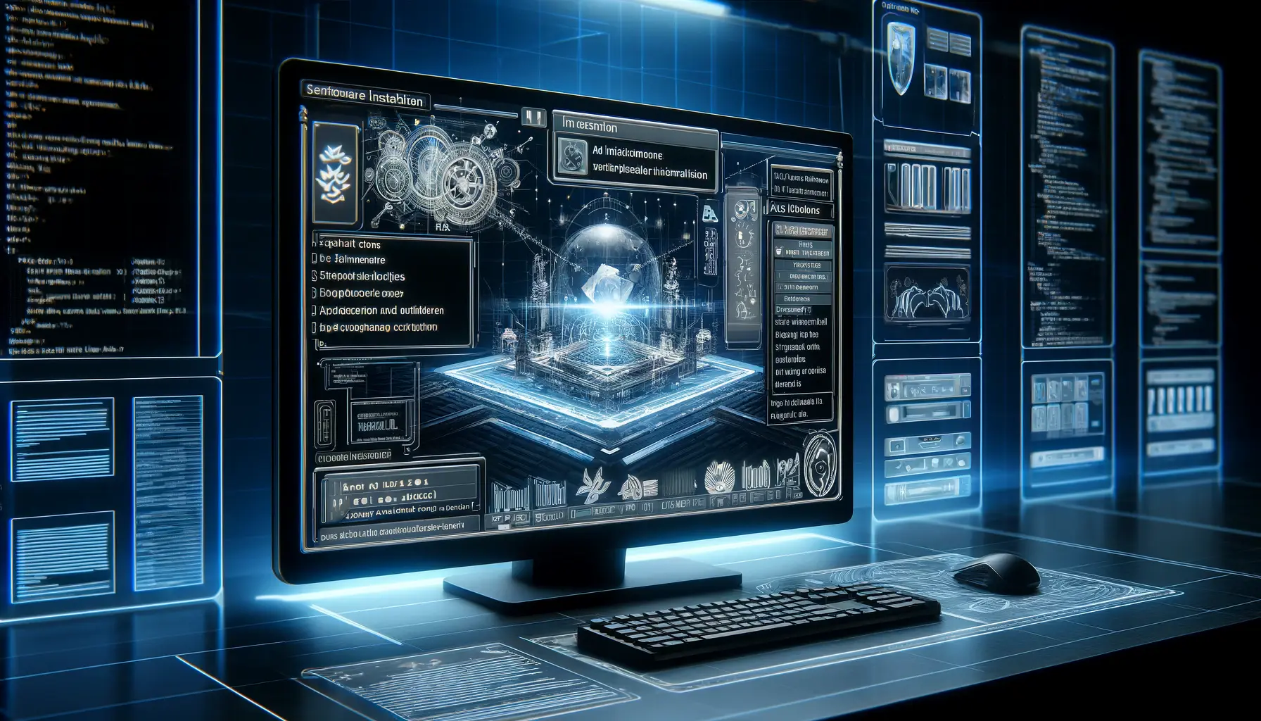 A high-tech computer screen displaying complex coding libraries, AI tools, and system configurations in a futuristic holographic environment.