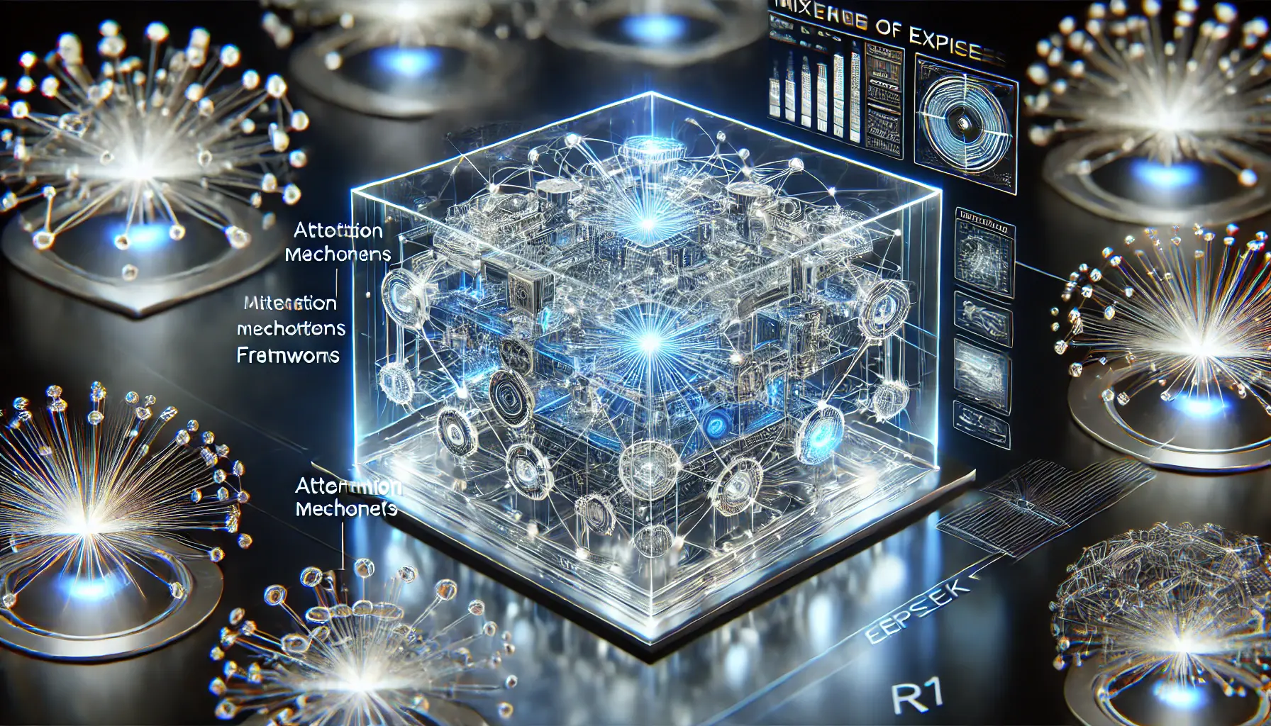 A high-tech digital representation of DeepSeek R1's technical architecture, showcasing neural networks, the Mixture of Experts (MoE) framework, and attention mechanisms.