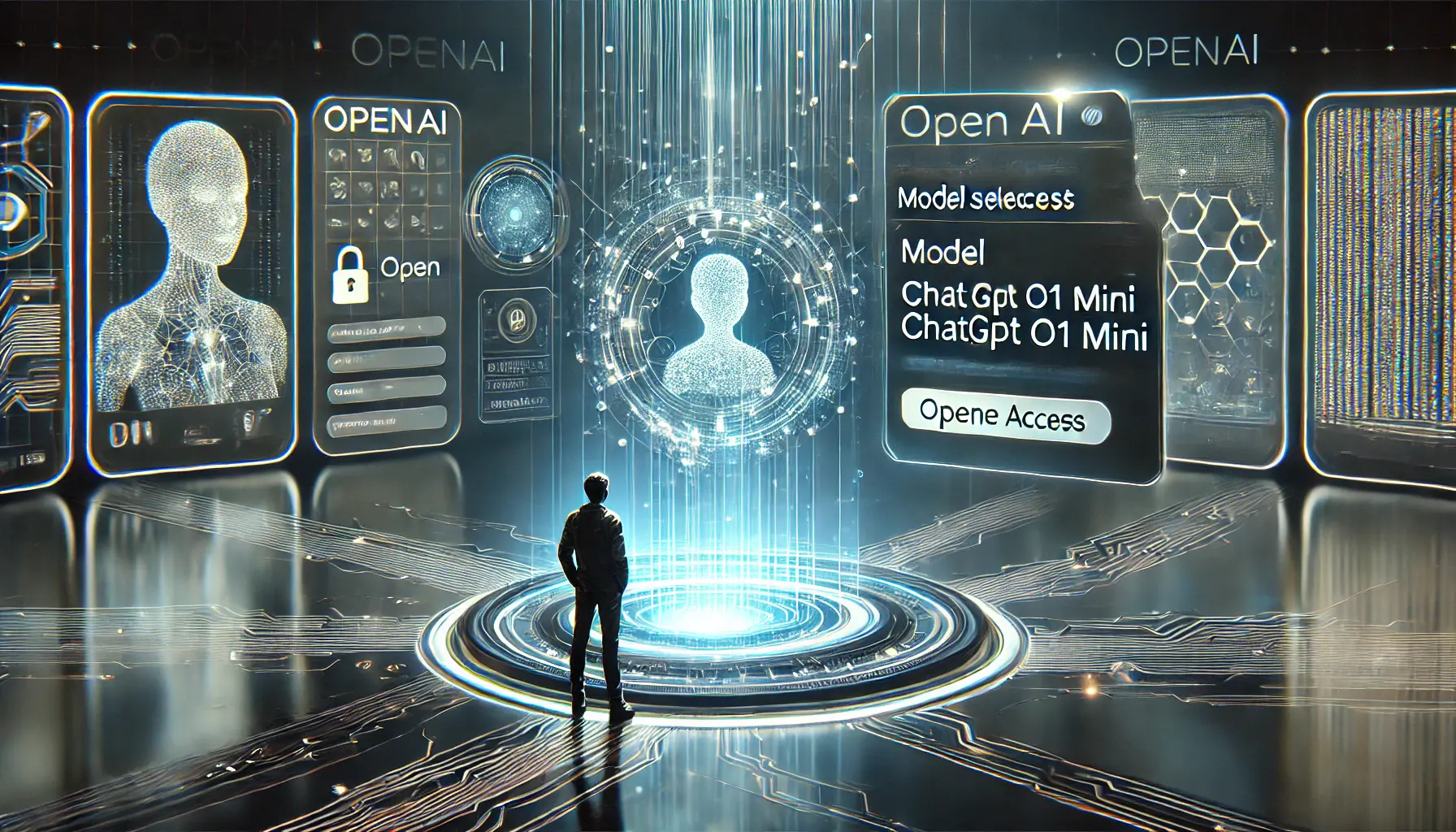 A user logging into their OpenAI account and selecting ChatGPT o1 Mini from a sleek, high-tech interface, with glowing data streams representing secure access.