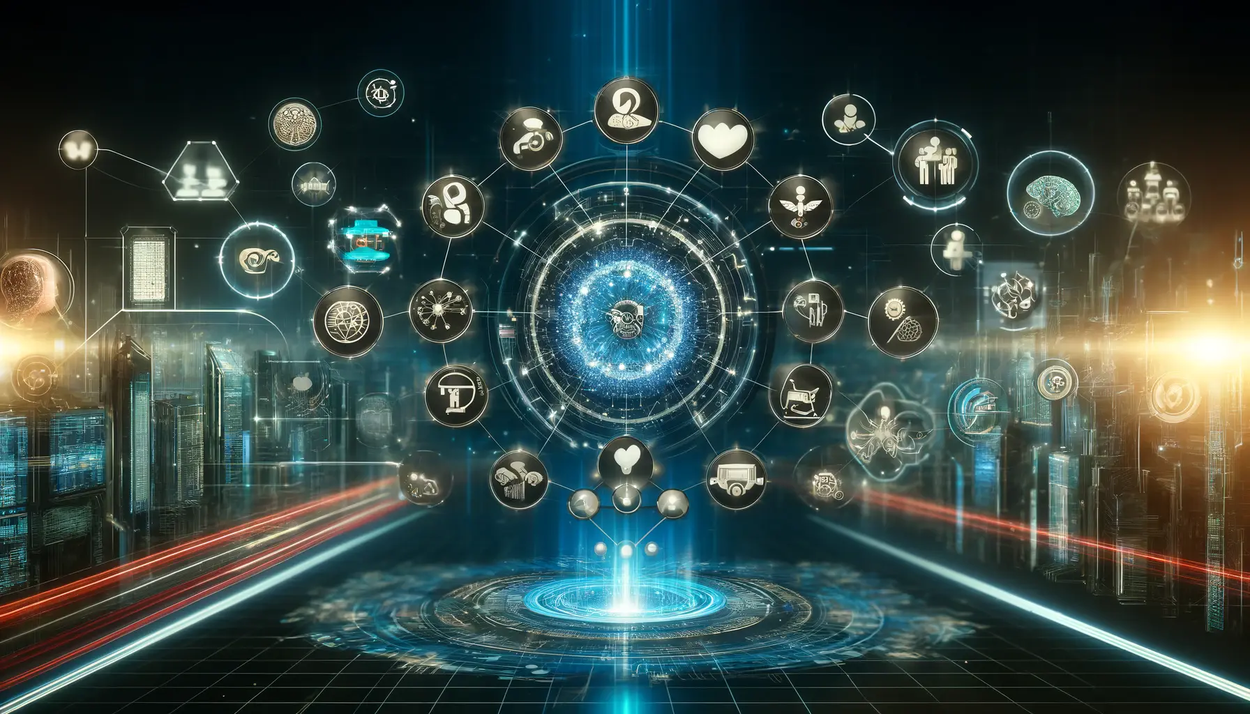 A high-tech digital interface showcasing interconnected nodes and data flows, symbolizing diverse industries like healthcare, business, and education, with holographic icons representing various use cases such as customer service, content generation, and code development.